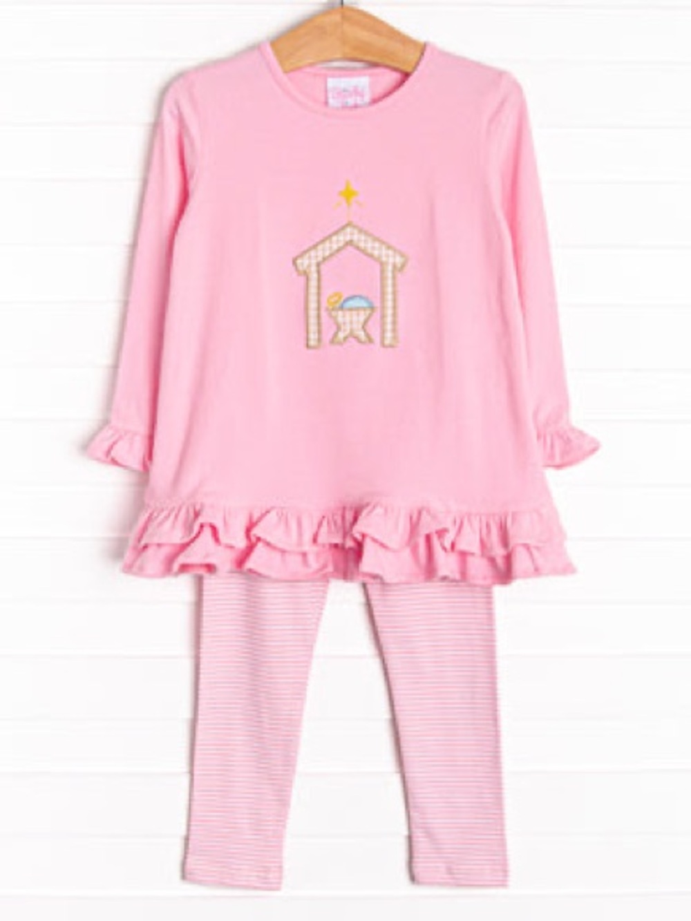 Stitchy Fish O' Holy Night Applique set long sleeve ruffle top dress leggings